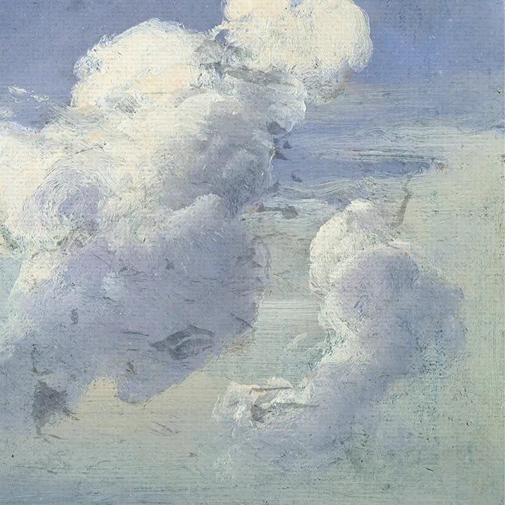 Painting of soft, fluffy clouds against a pale blue sky with gentle brush strokes.