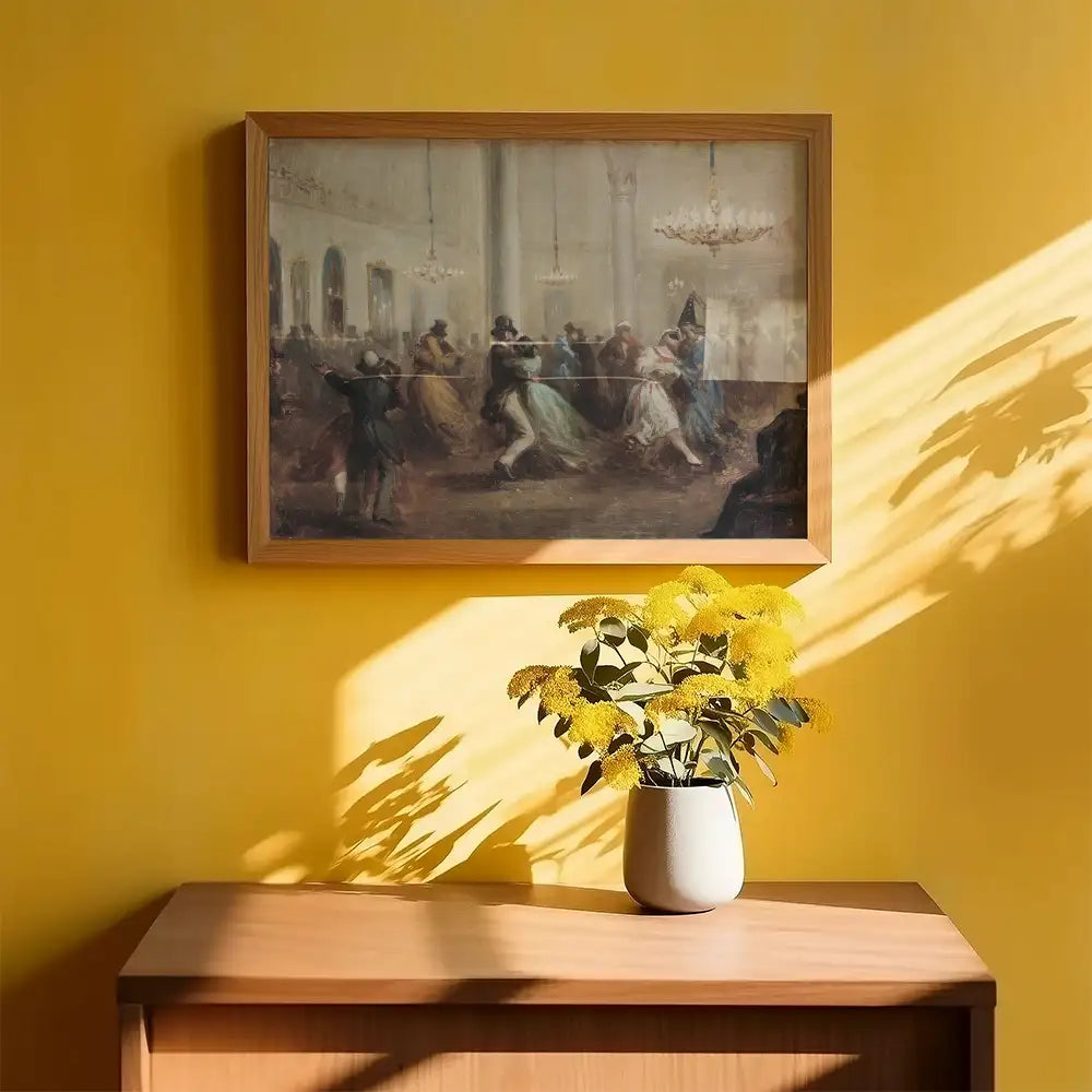 Painting of a ballroom dance scene framed and displayed on a yellow wall with a vase of yellow flowers on a wooden table.