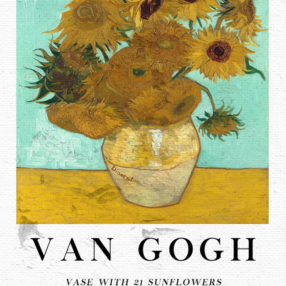 Vase with 21 sunflowers by Van Gogh, featuring a vibrant arrangement of sunflowers in a vase against a light turquoise background.