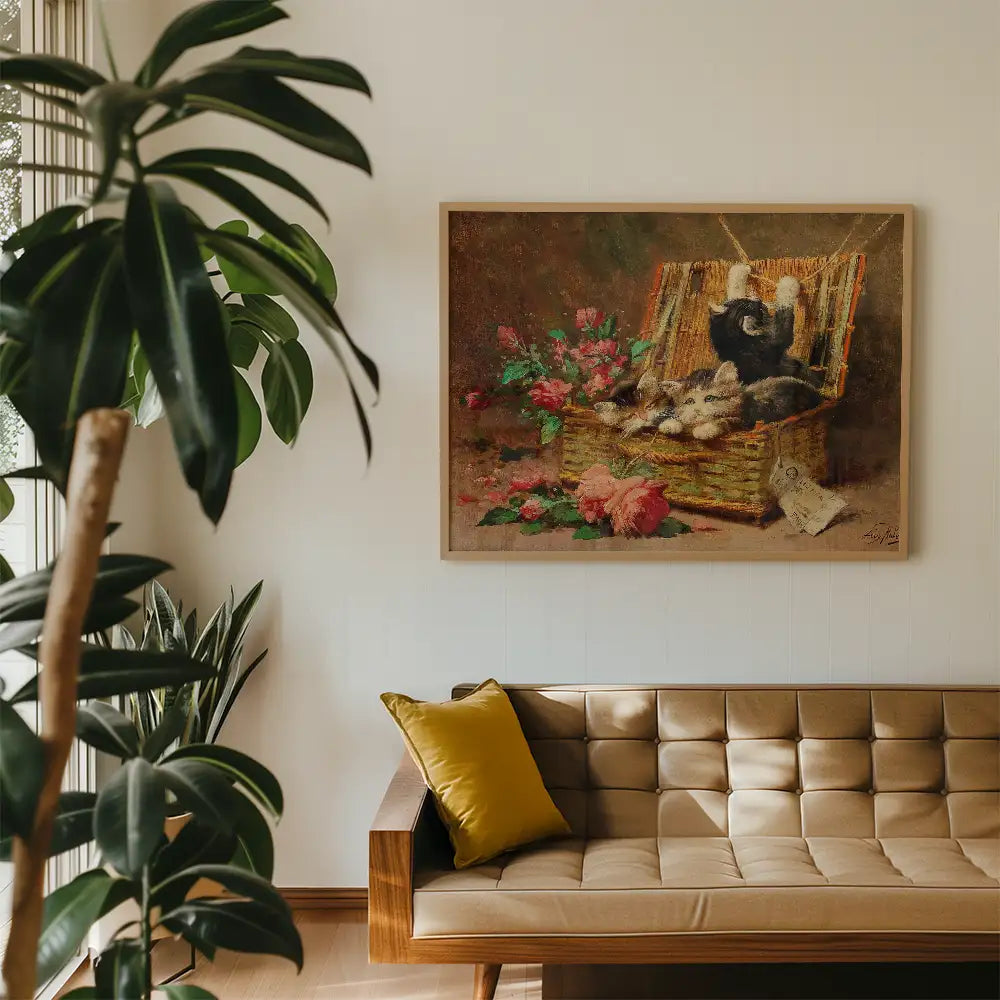 Painting of playful kittens in a wicker basket surrounded by flowers, displayed on a wall in a modern living room setting.