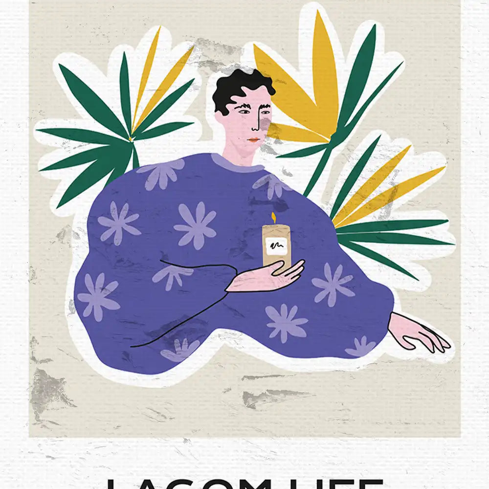 Modern illustration poster featuring a figure in a floral purple garment holding a candle, surrounded by greenery, with the text "Lagom Life" at the bottom.