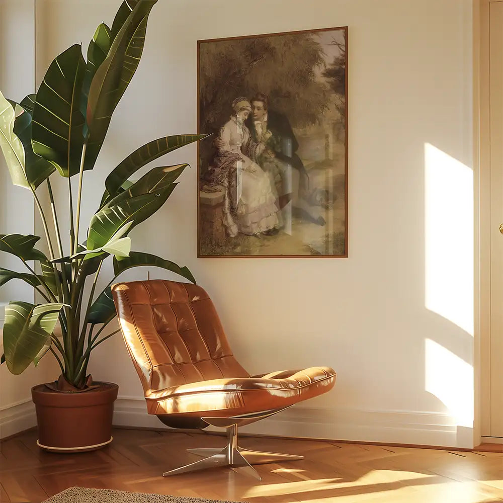 A cozy living space featuring a vintage painting of a couple, complemented by a stylish brown chair and a lush green plant.