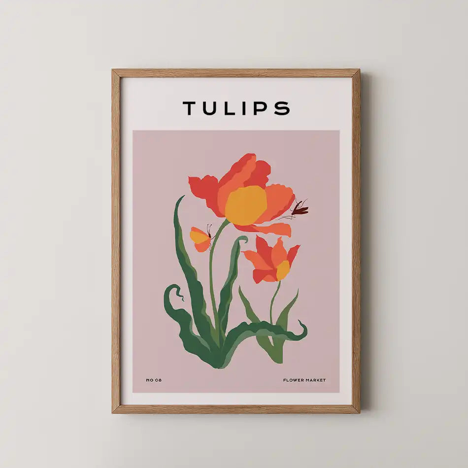 Vibrant floral art print featuring orange and pink tulips against a blush pink background, framed in minimalist wood, ideal for home decor.