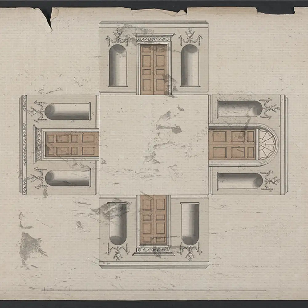 Architectural artwork featuring four decorative doors with pediments and supporting columns, presented on a textured background.
