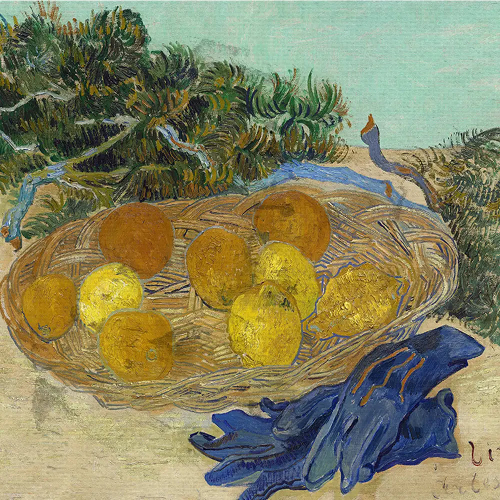 Painting of a basket filled with oranges and lemons, accompanied by a pair of blue gloves and a green background.