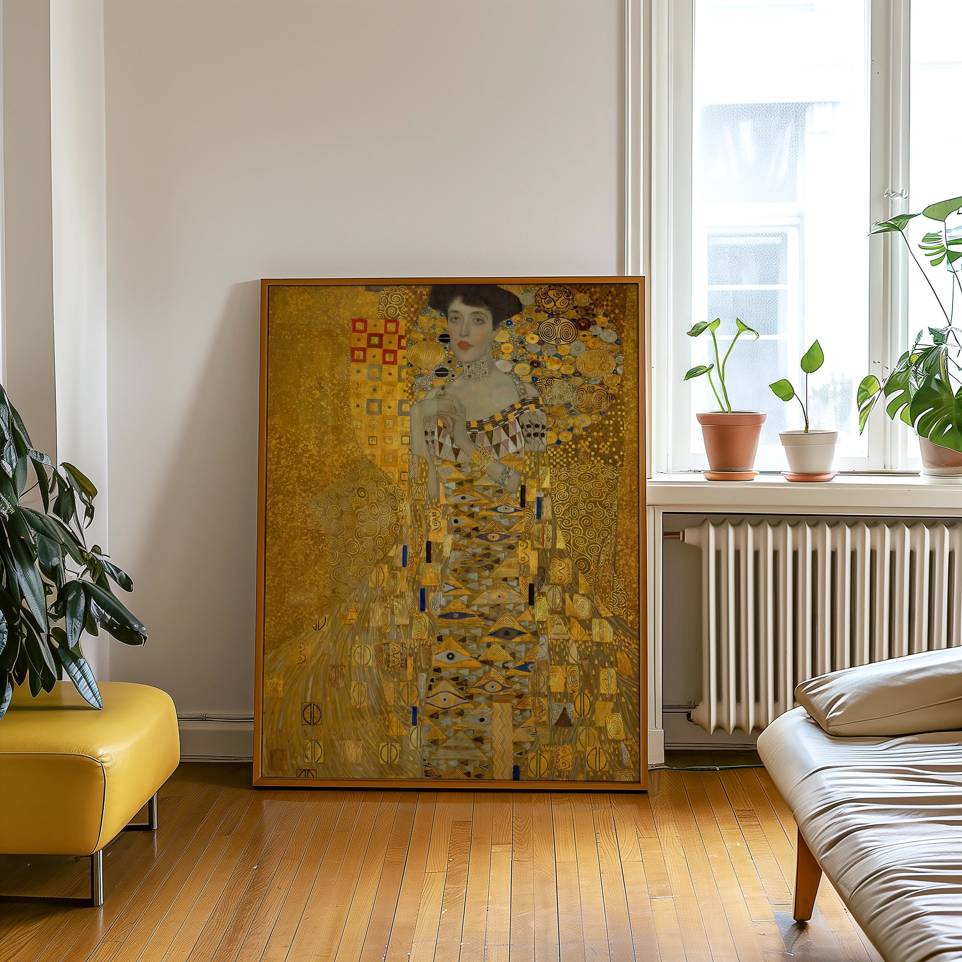 A large framed painting of a woman in a golden dress, displayed in a modern living room with plants and a yellow sofa.