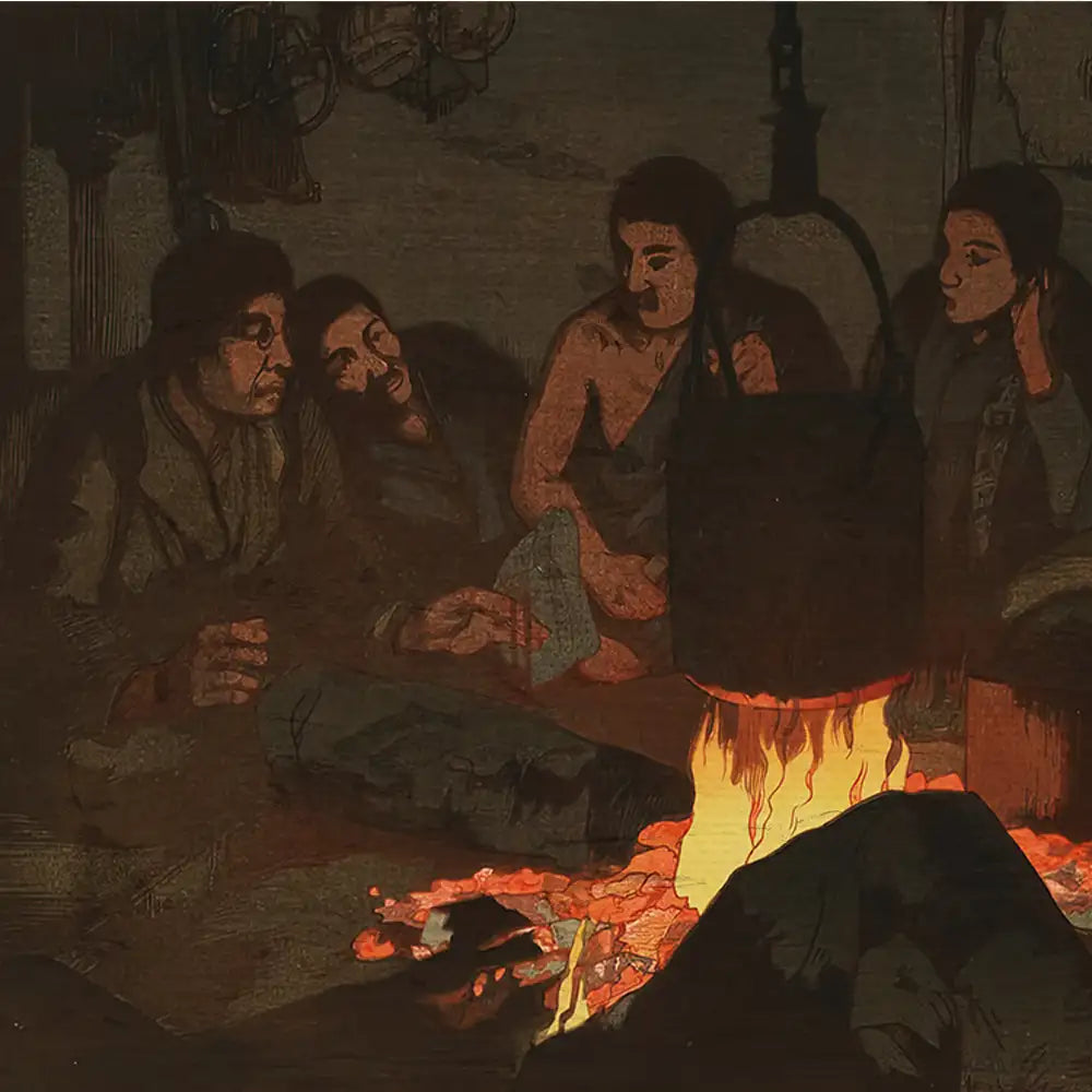 Painting of four figures gathered around a fire, sharing an intimate moment in a dimly lit setting, emphasizing warmth and connection.