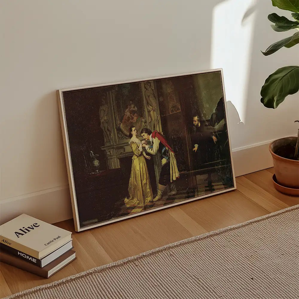 Framed vintage painting depicting a man in formal attire presenting a flower to a woman in a yellow dress, with a detailed background of classical sculptures.