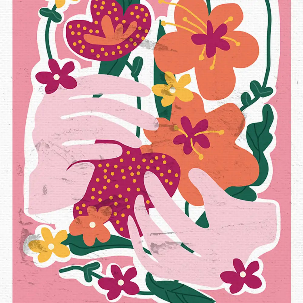 Modern art poster featuring vibrant floral designs with hands reaching out to colorful flowers, perfect for home decor.