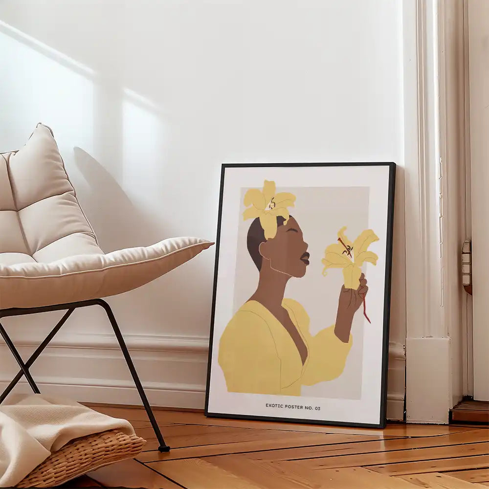 Modern art poster featuring a woman holding yellow lilies, displayed in a contemporary interior setting.