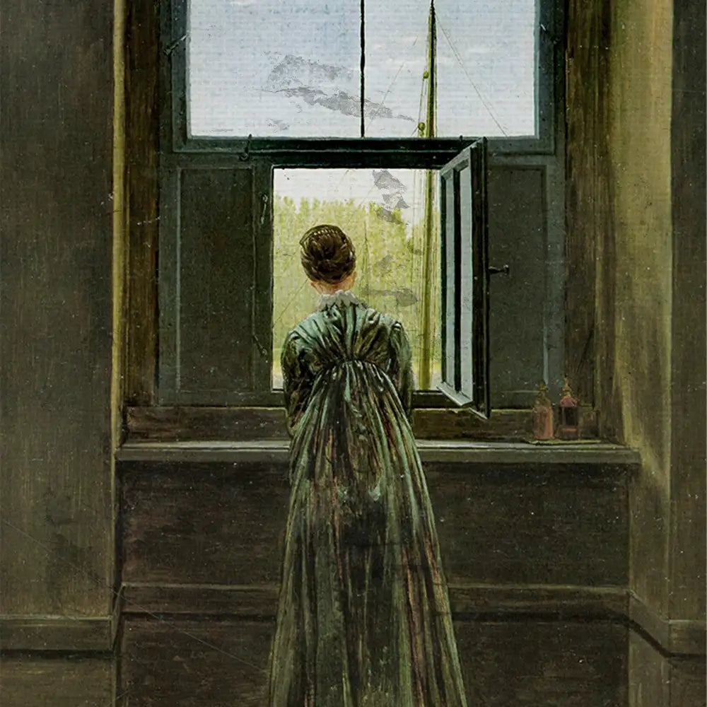 A woman in a long dress gazes out of an open window, looking at a landscape with green fields and distant mountains.