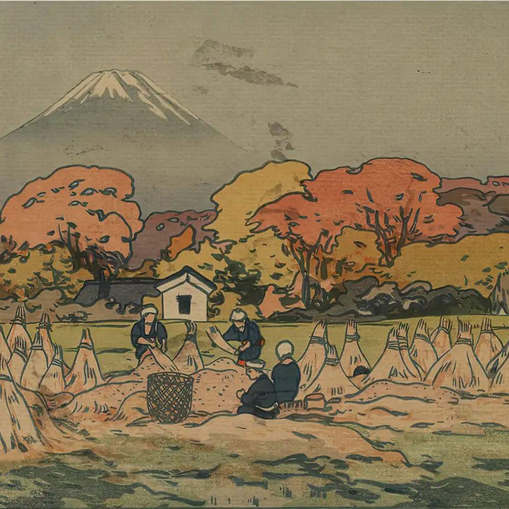 A vintage-style painting depicting farmers harvesting crops in a scenic landscape with Mount Fuji in the background and colorful autumn trees.