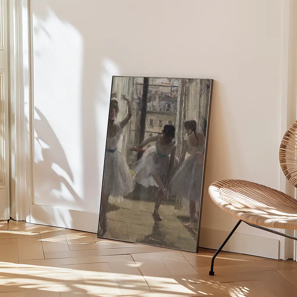 Painting of three ballerinas in white tutus rehearsing by a window, leaning against a wall in a modern interior setting.