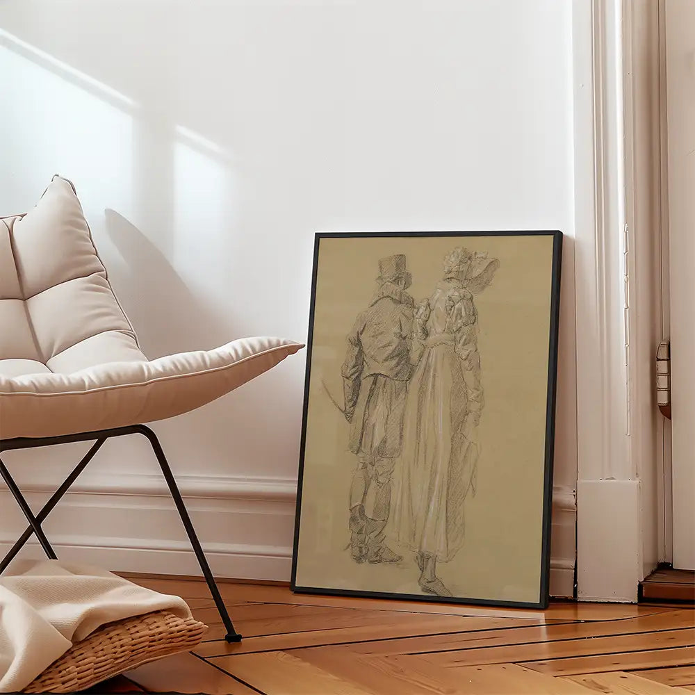Framed vintage-style drawing of a couple standing together, displayed next to a modern chair in a bright room.