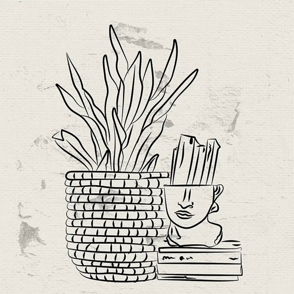 Modern line art poster featuring a potted plant and a minimalist bust sculpture, perfect for contemporary home decor.