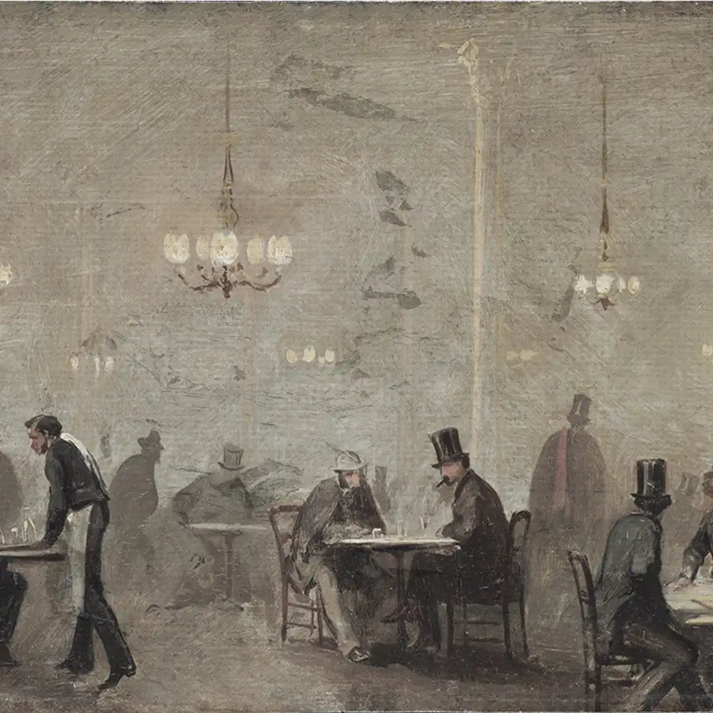 Painting of a dimly lit restaurant interior with patrons seated at tables, chandeliers hanging from the ceiling, and a waiter serving at the forefront.