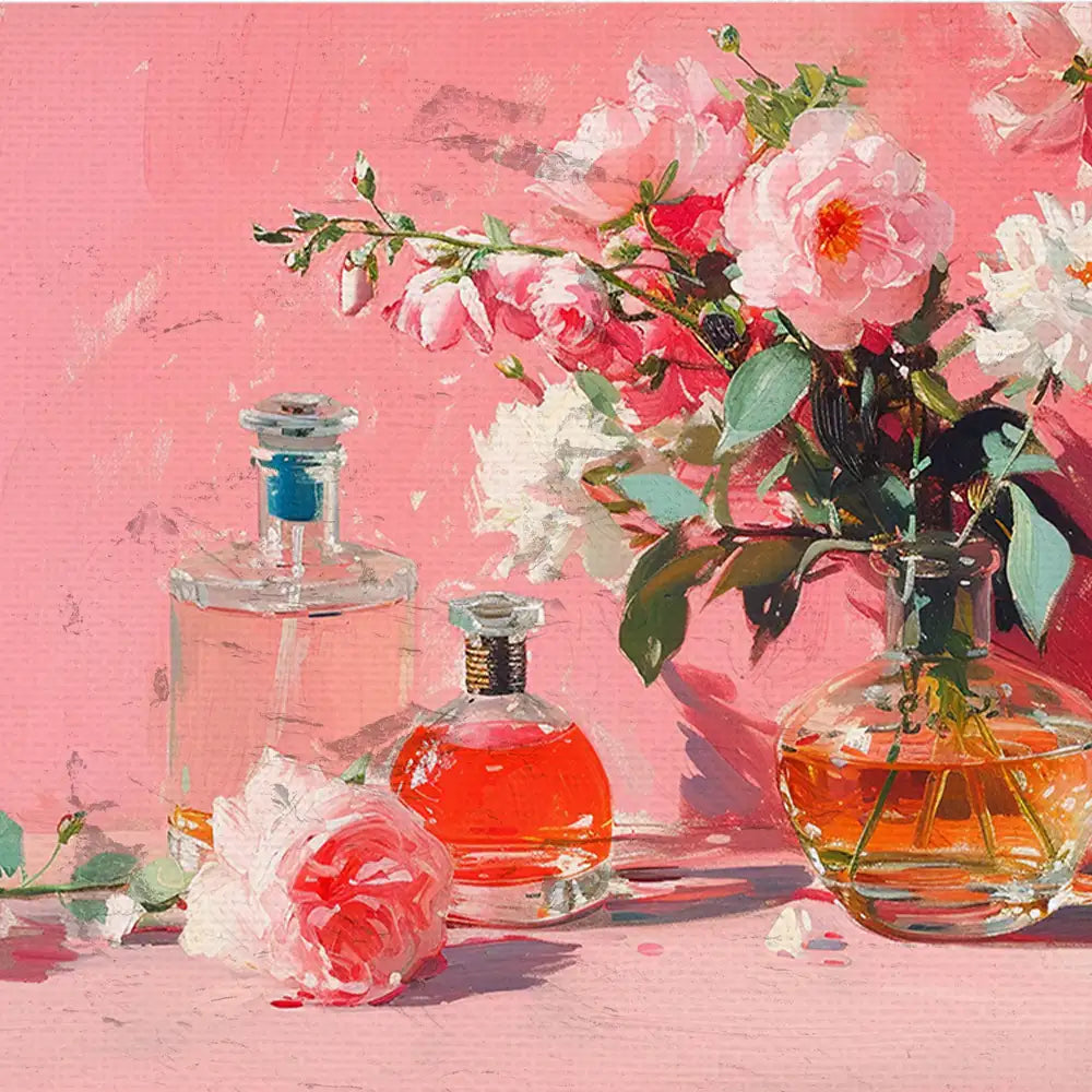 An artistic painting featuring elegant glass perfume bottles and a bouquet of pink and white flowers against a soft pink background.