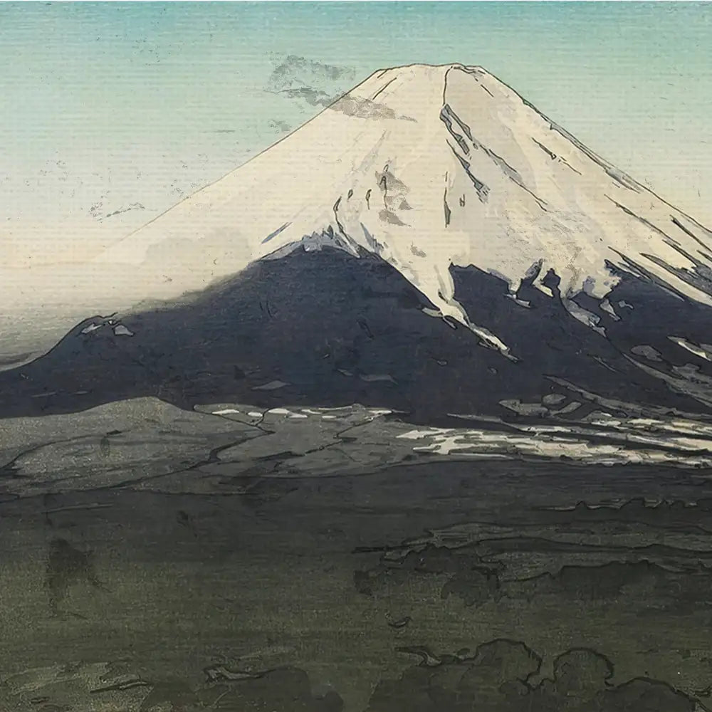 Painting of a mountain landscape with a snow-capped peak and a serene sky.