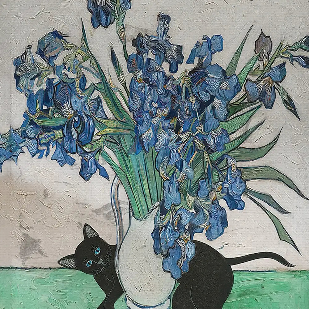 A black cat hiding behind a vase of blue irises in an artistic painting.