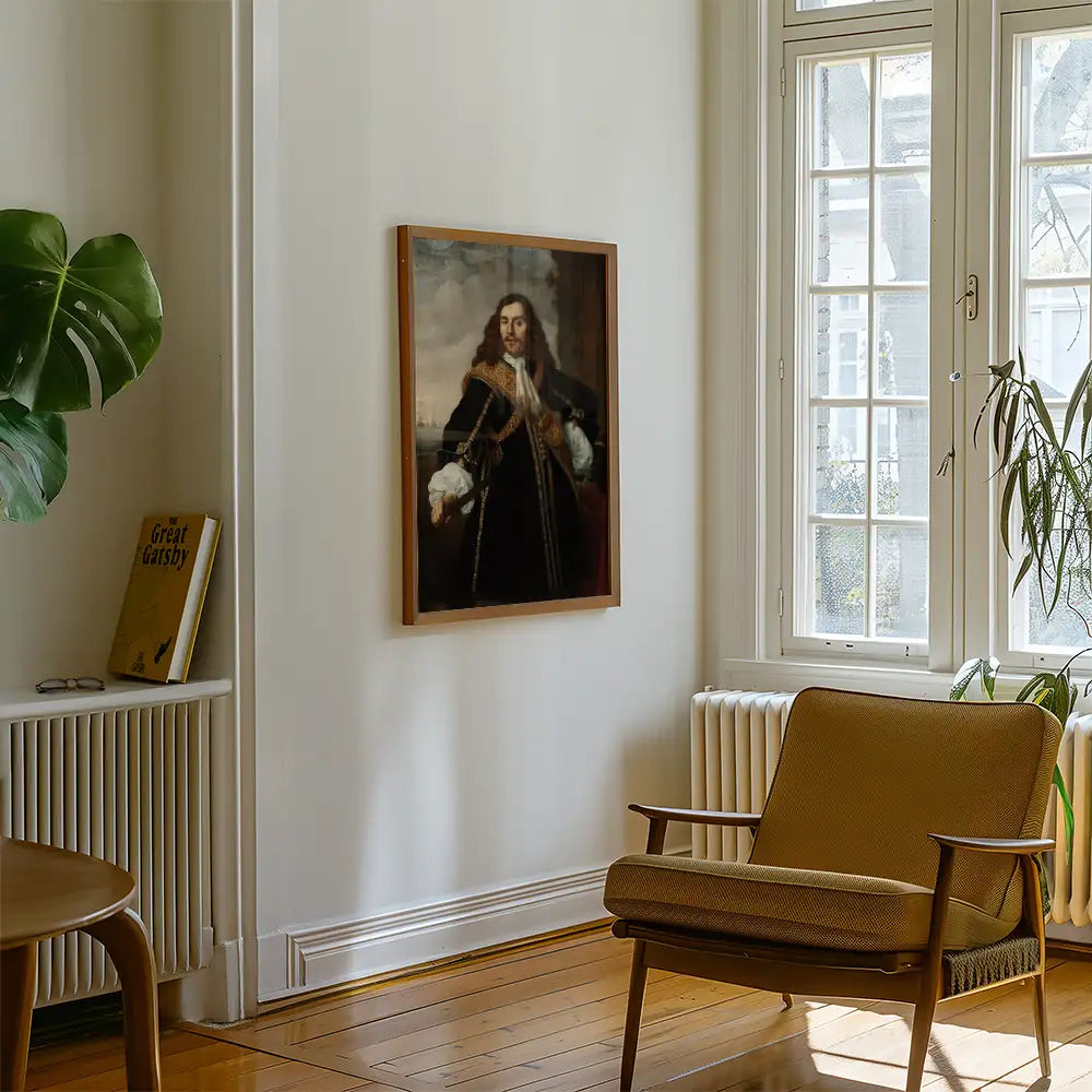Painting of a historical figure in a wooden frame, displayed on a light wall in a modern living room setting with a chair and houseplant.