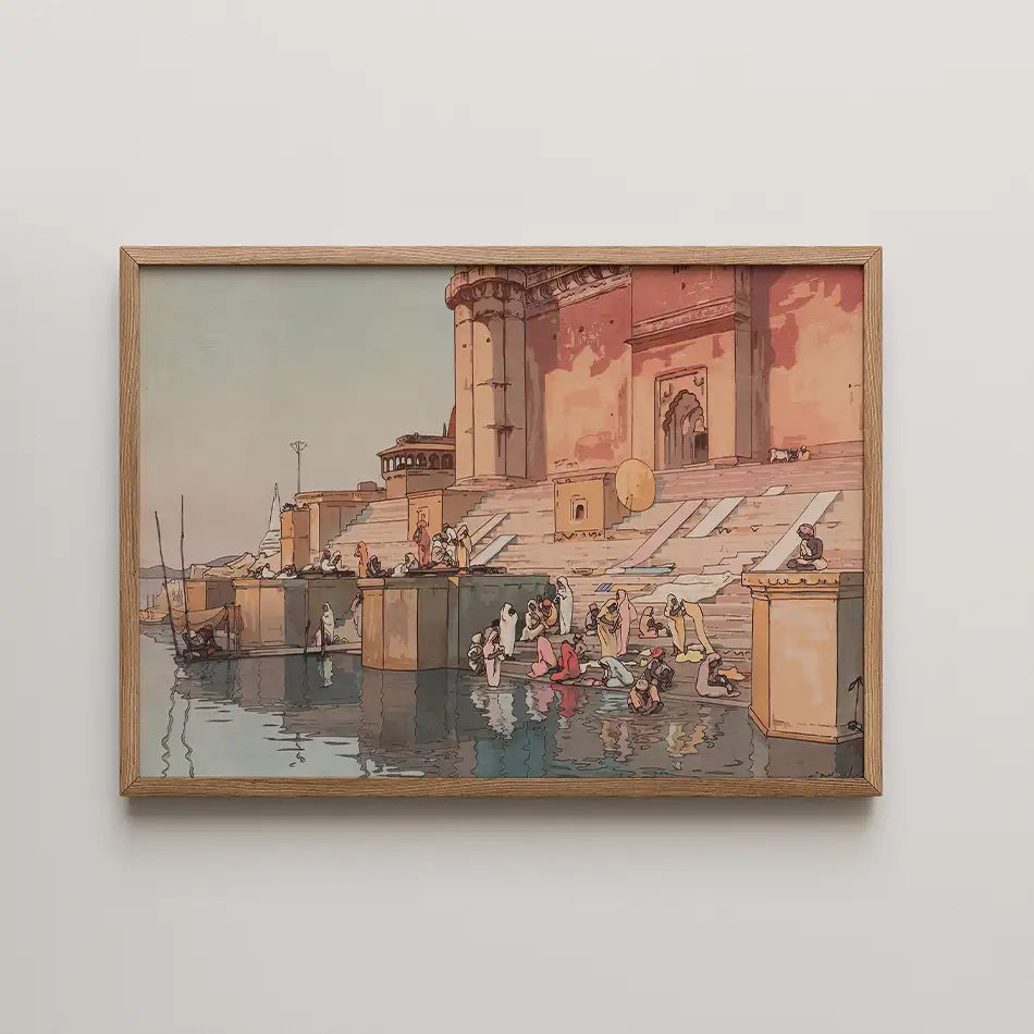 Painting of a vibrant scene by the river, depicting people engaged in daily activities near a historical building, framed in natural wood.
