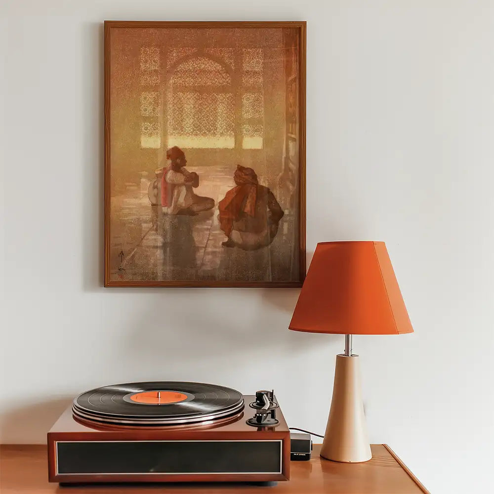 Painting of two figures sitting in a room with intricate architectural details, framed and displayed on a wall above a wooden record player and an orange lamp.