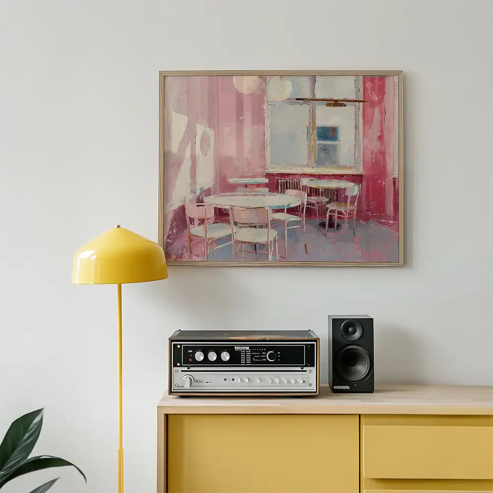 Modern reprint of a famous painting featuring a pastel pink room with a table and chairs, enhancing contemporary home decor.
