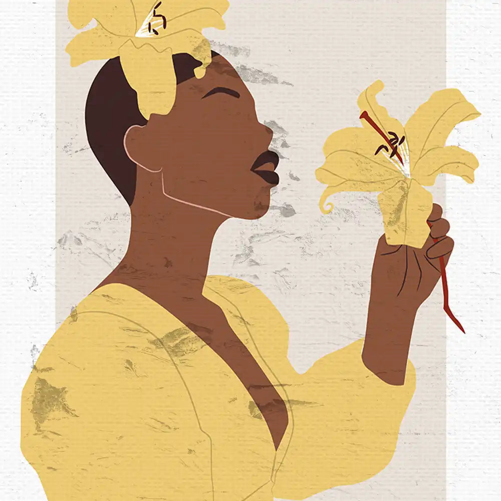 Modern art poster of a woman holding yellow lilies, featuring an abstract design with earthy tones and a contemporary aesthetic.