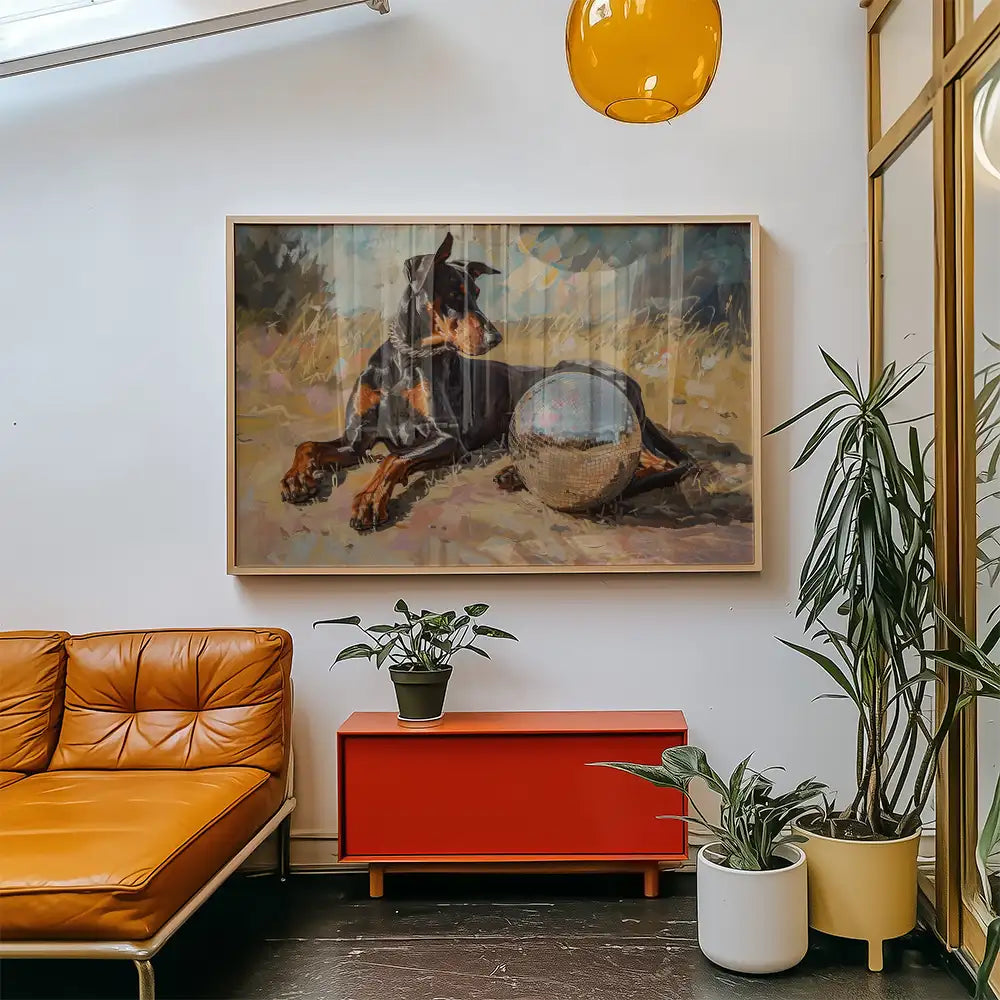 Modern reprint poster of a Doberman lying next to a disco ball, displayed in a stylish living room setting with yellow furniture and indoor plants.