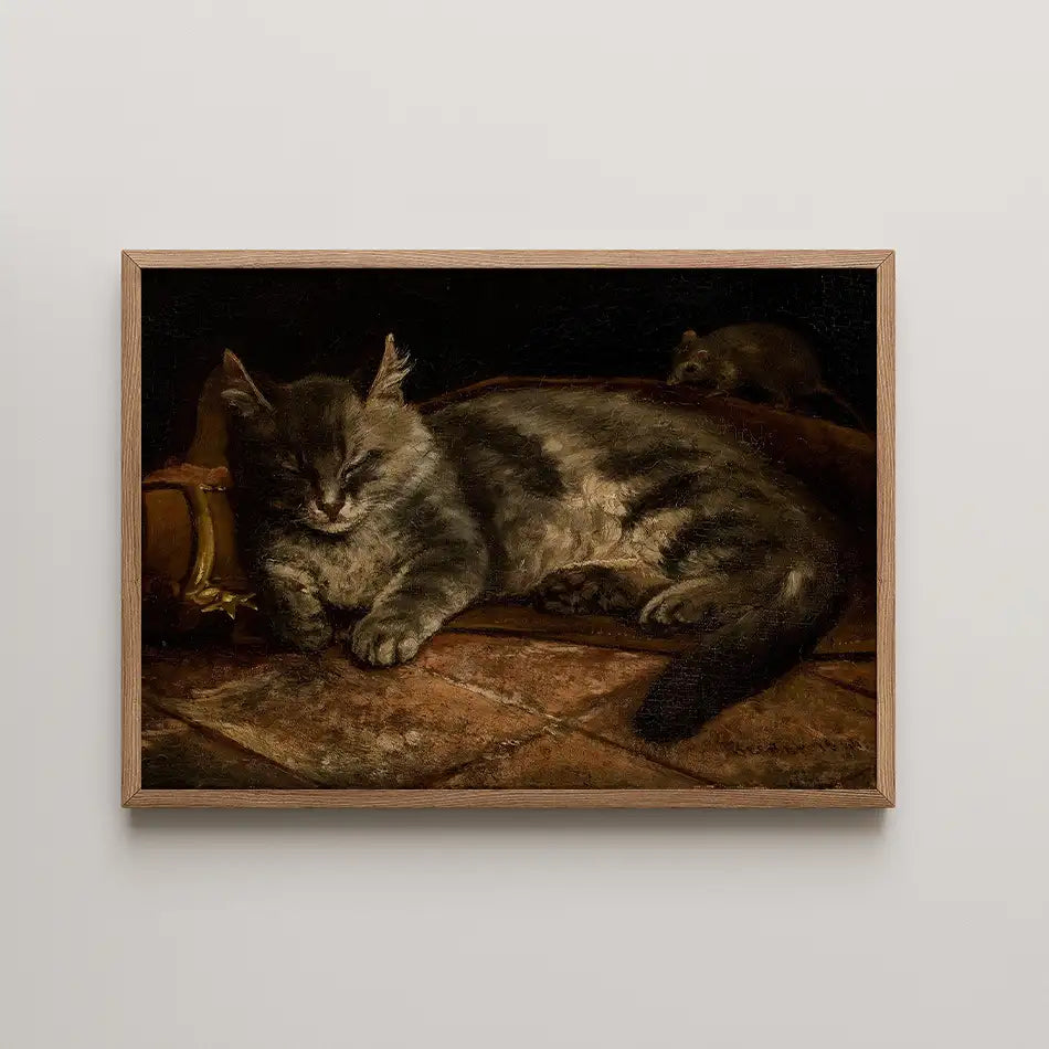 Sleeping tabby cat painting in a wooden frame, with a mouse in the background.