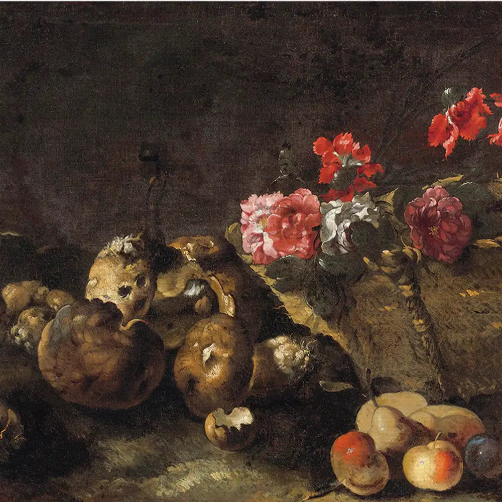 Still life painting featuring a selection of mushrooms and colorful flowers against a dark background.