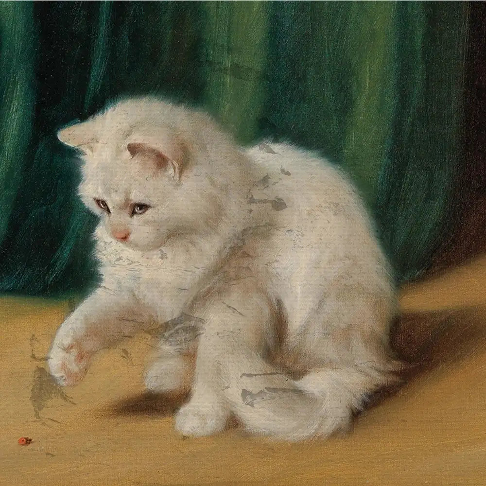 White cat playing with a small object on a wooden floor, set against a green backdrop, in an artistic painting style.