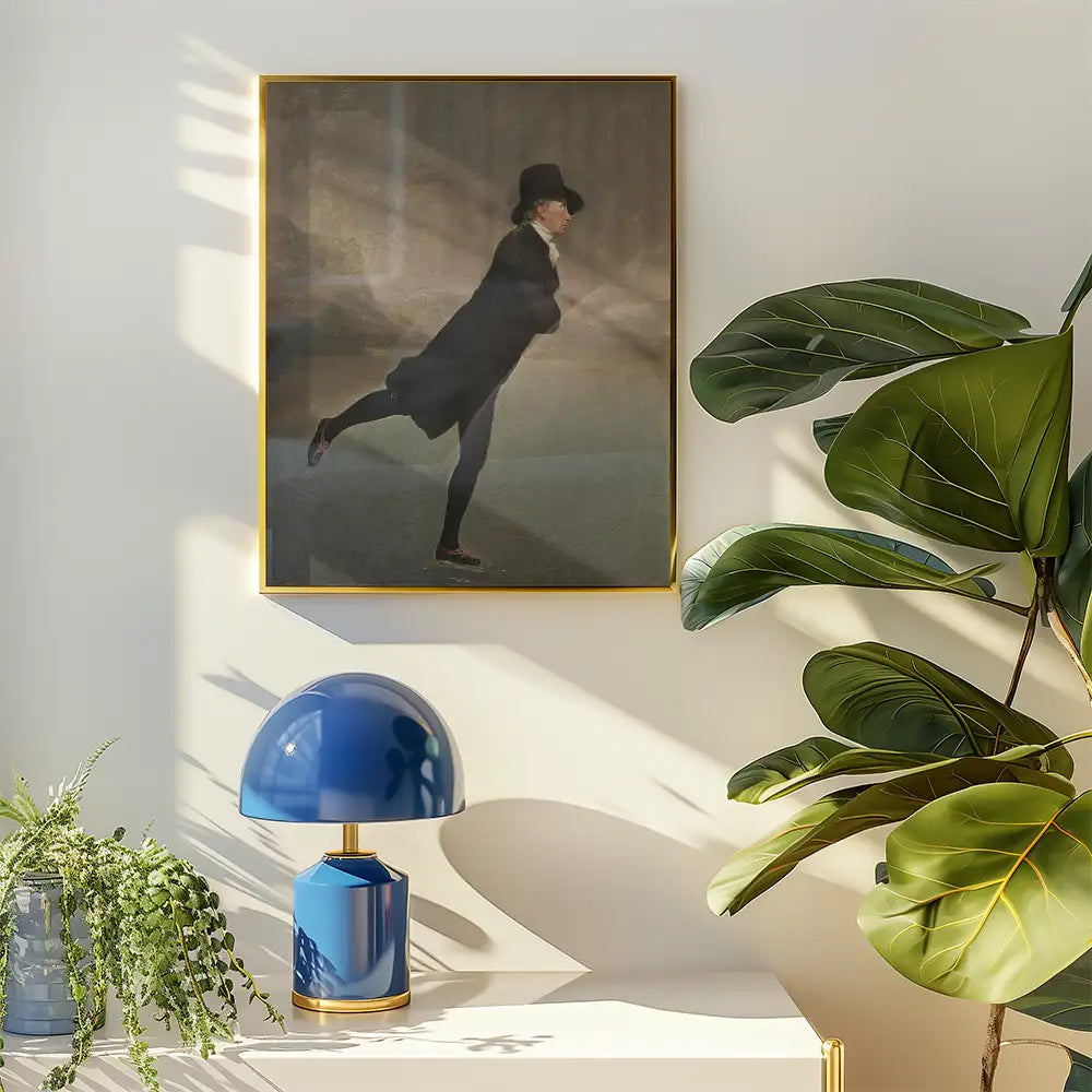 A vintage-style painting of a person in a top hat and coat, depicted in motion, framed in gold, hanging on a wall next to a blue lamp and a potted plant.