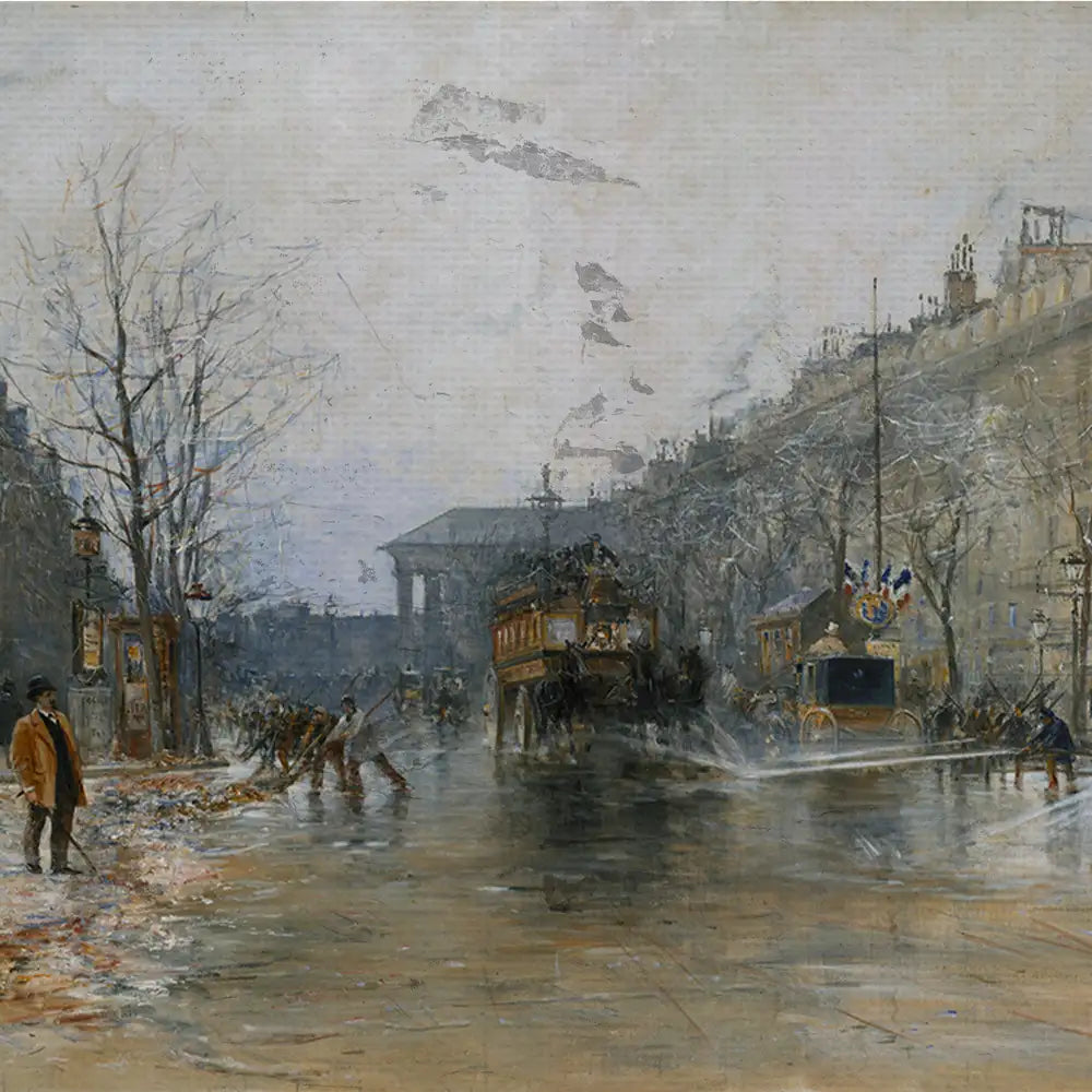 A winter street scene with horse-drawn carriages, people working, and bare trees, depicting a rainy day in a historical city.