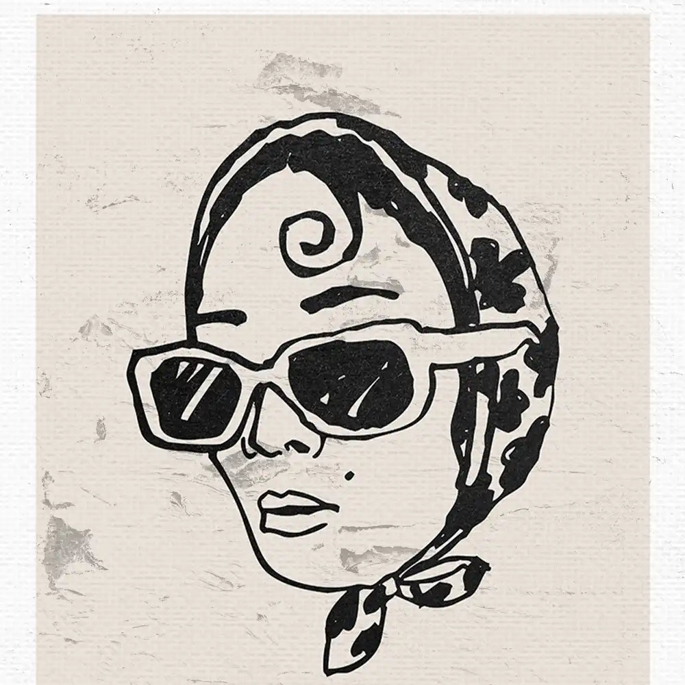 Modern poster featuring a stylish woman in sunglasses with a headscarf, minimalist black and white design on textured background.