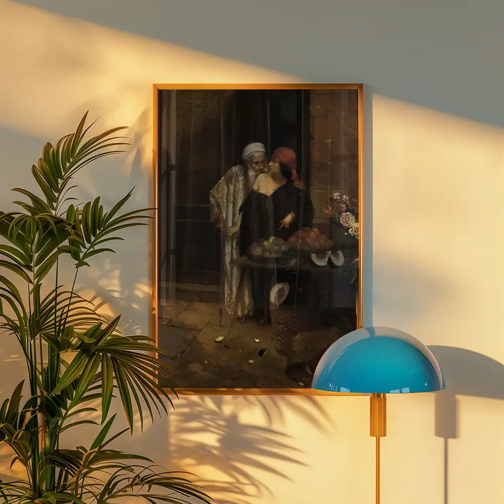 Framed painting of two figures in a market setting with various fruits, accented by a potted palm and a modern lamp.