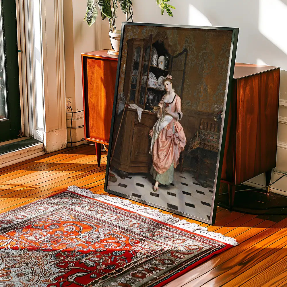 Painting of a woman in a pink dress standing in a kitchen setting, displayed on an easel with wooden furniture and a patterned rug nearby.