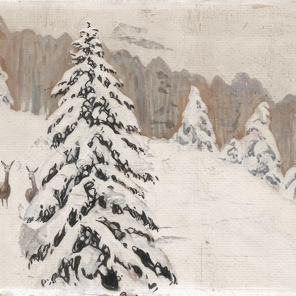 Winter landscape painting featuring a snow-covered tree and deer in a serene setting.
