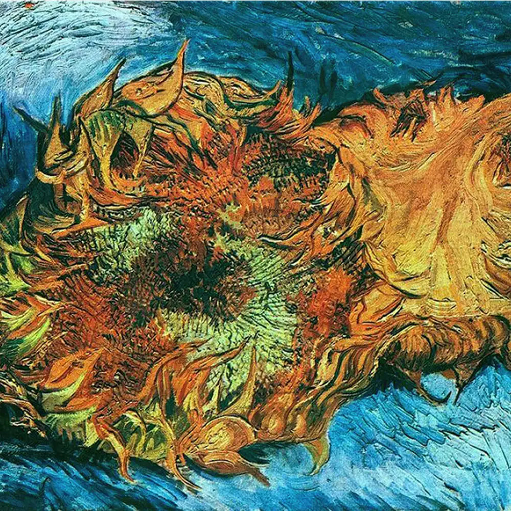 Close-up detail of Van Gogh's sunflower painting, featuring vibrant colors and textured brushstrokes.