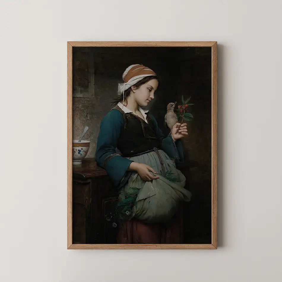 Painting of a young girl holding a branch with red berries and a small bird, framed in wood, set against a dark background.