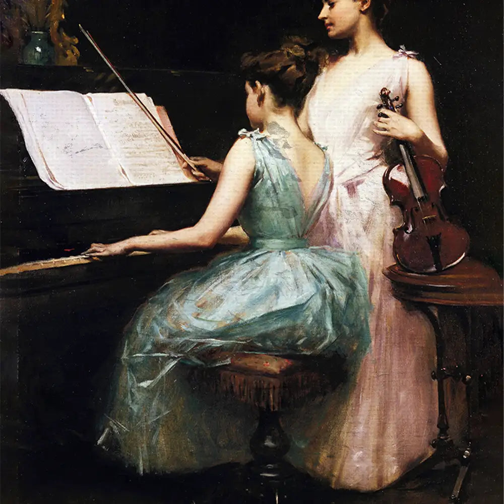A painting of two elegantly dressed women, one playing piano and the other holding a violin, set against a dark background.