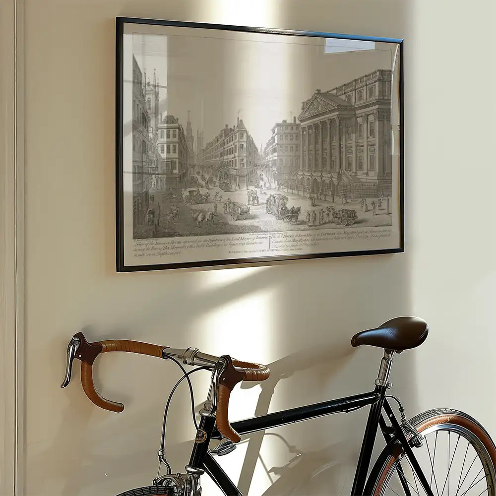 Black and white vintage cityscape painting framed on a wall next to a bicycle with brown leather details.