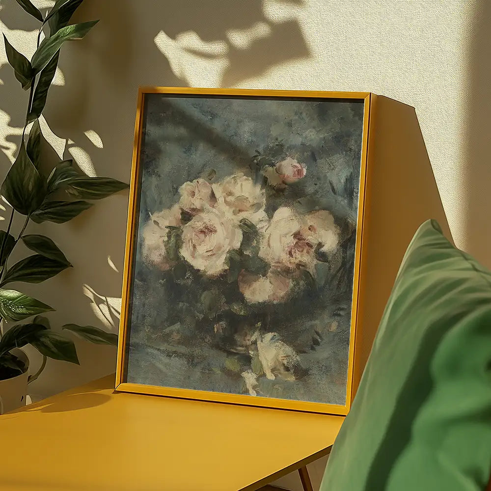 Floral painting in a yellow frame displayed on a table with a green cushion and plants in a bright room.