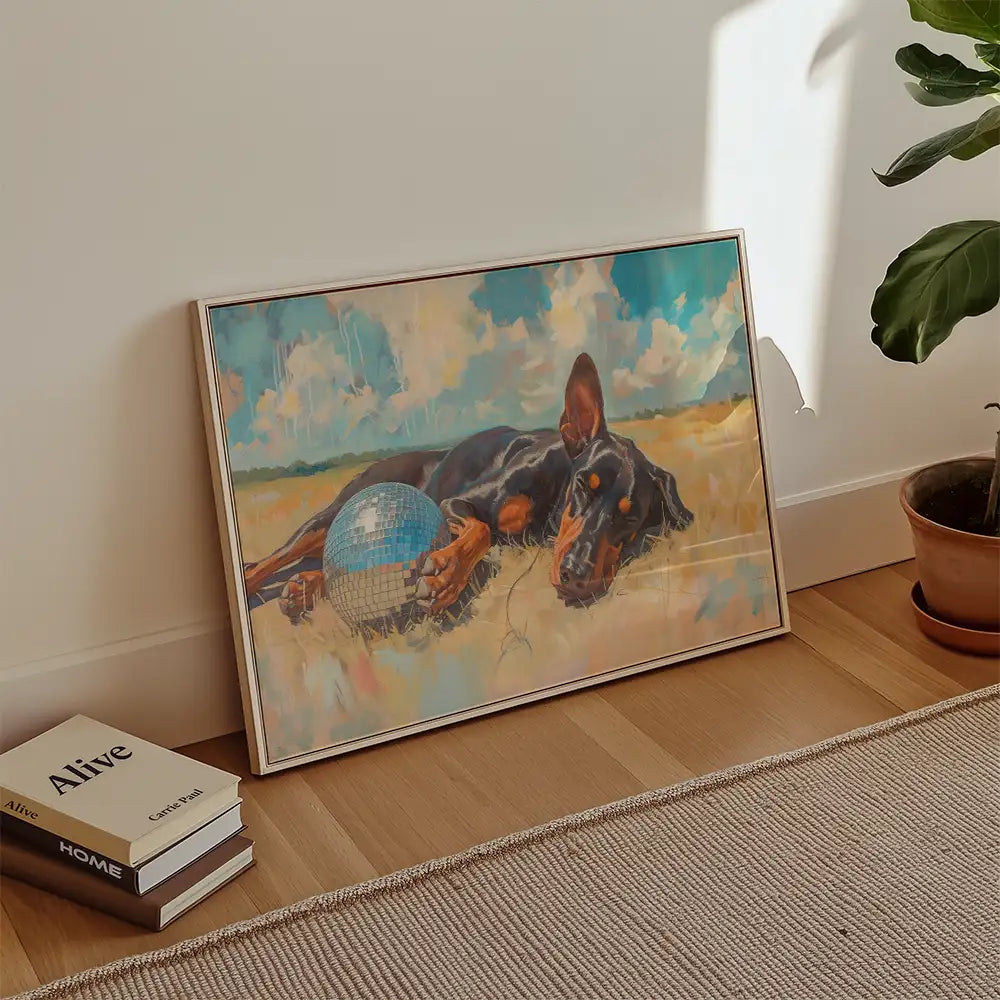 Modern poster of a Doberman resting with a disco ball in a vibrant landscape, perfect for pet lovers and art enthusiasts.