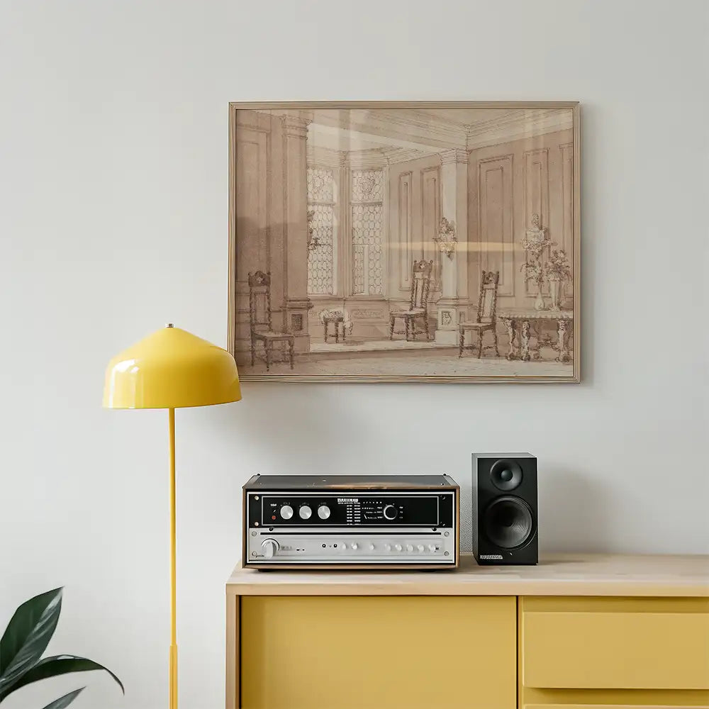 A vintage-style painting depicting an elegant interior with ornate chairs and large windows, displayed above a yellow lamp and a record player on a wooden cabinet.
