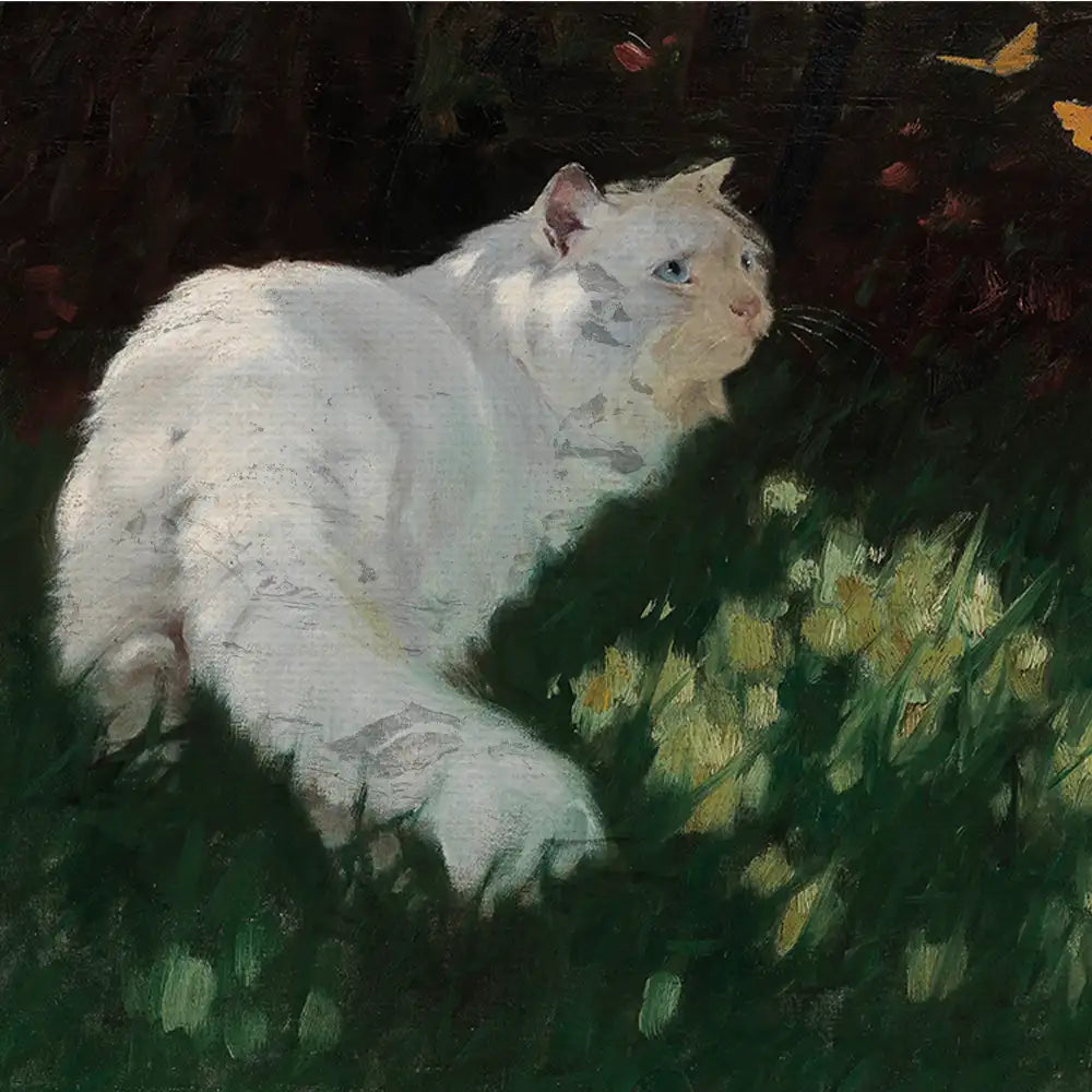 White cat sitting in green grass with yellow flowers, surrounded by a dark background.