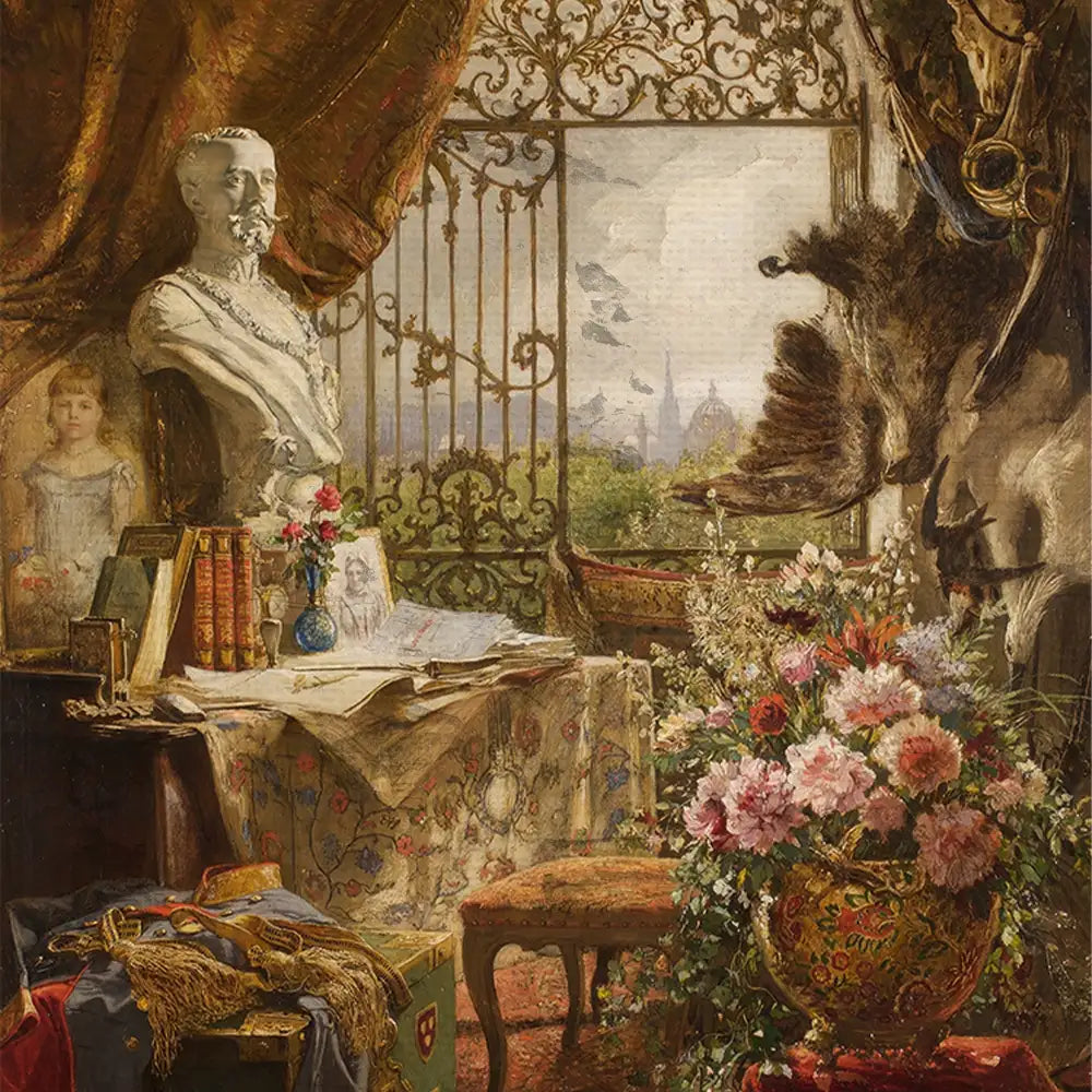 A beautifully detailed painting of an elegant interior featuring a bust statue, antique books, a floral arrangement, and a scenic view through ornate gates, creating a timeless and sophisticated atmosphere.
