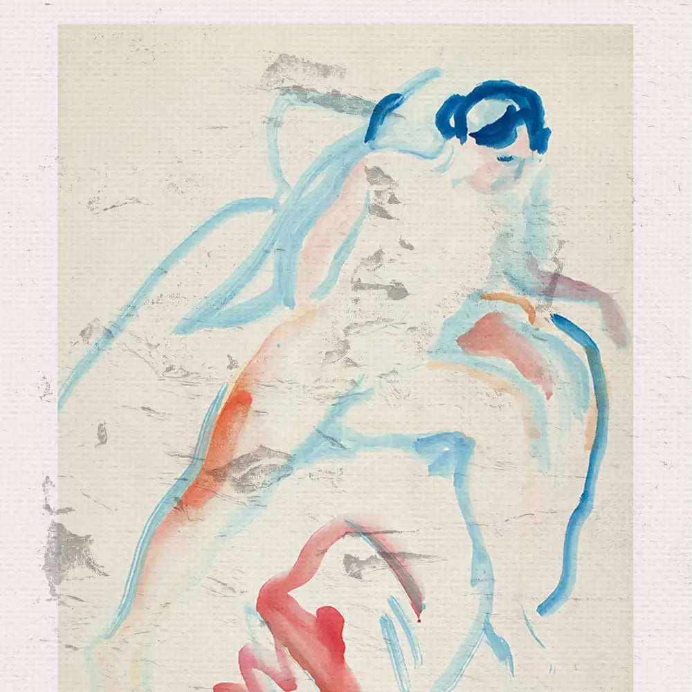 Abstract watercolor painting featuring fluid lines and soft colors depicting a human figure.
