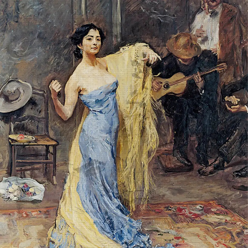 A vibrant painting of a woman in a blue dress with a yellow shawl, dancing in a lively scene with musicians in the background.