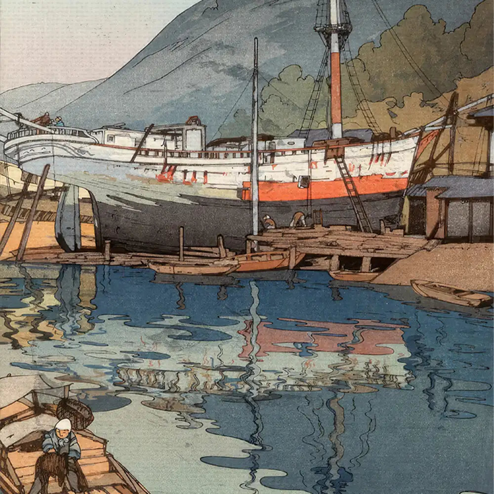 A serene coastal scene featuring a large ship docked by a wooden pier, surrounded by small boats and gently reflecting water, with mountains in the background.